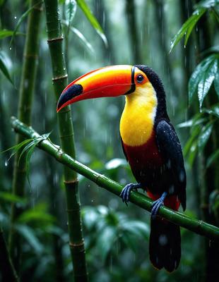 The primary subject of the image is a colorful bird perched on a bamboo branch. The bird is brightly colored, with a mix of red, yellow, and black feathers. The setting is a lush green forest, with the bird surrounded by trees and foliage. The visual style of the image is a close-up of the bird, showcasing its vibrant colors and intricate feather patterns. The overall atmosphere of the image is one of natural beauty and serenity, as the bird